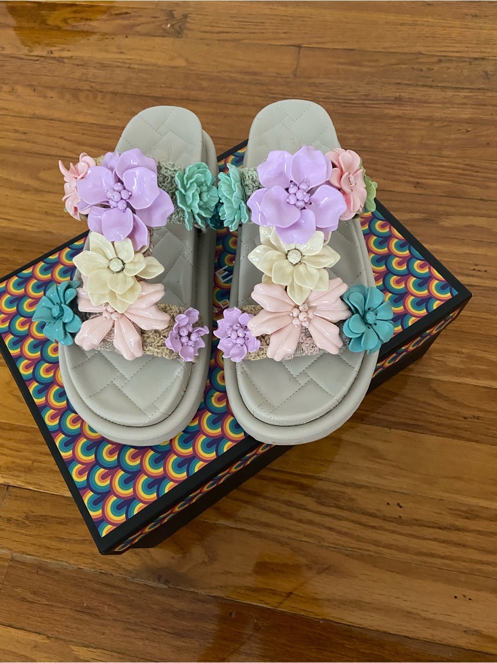 Floral Embellished Slide Sandals in Pastel Mix